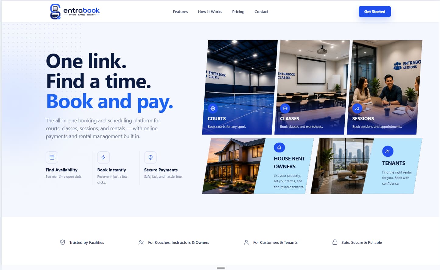 EntraBook landing page showing booking options for courts, classes, sessions, and rentals.